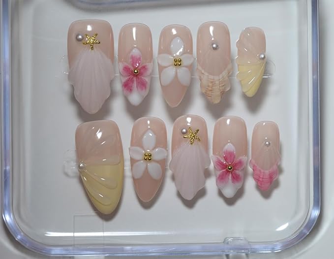 10Pcs Handmade Press-On Nails, Medium Almond Unique French Design with 3D Floral, Pearl, Starfish & Seashell. Reusable, Top-Tier Craftsmanship For Women & Girls, Daily & Party Glamour (A14, Size XS)