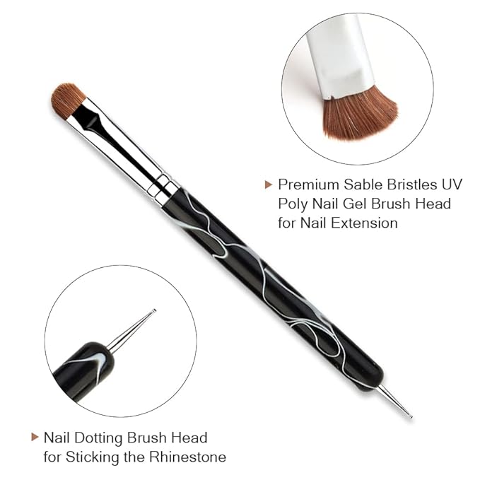 French Manicure Brush -Two Way Sable Nail Art Brush with Dotting Tool for Manicure Cuticle Clean Up Nail Art Design- Professional Nail Salon Quality Brush, Nail Dotting Pen (16#)