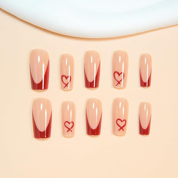 Red French Tip Press on Nails Coffin - Medium Fake Nails with Heart Design - Glossy Full Cover Stick on Press ons for Women Manicure Kit 24 Pcs