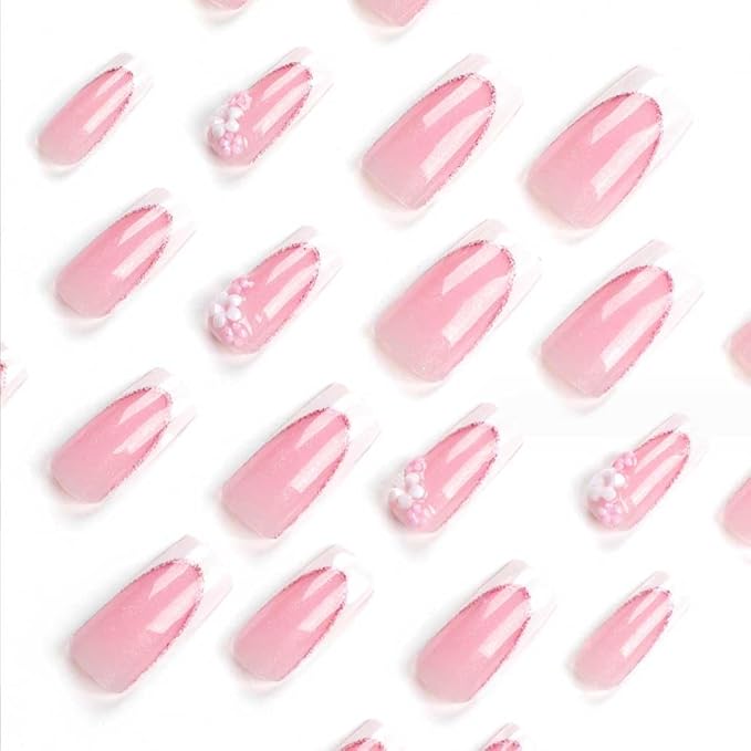 Press on Nails Long Rhinestone Pink Fake Nails Square Bling Glossy 3D Flower Artificial Nails Finger Manicure for Women and Girls-24pcs (Long Nails 5)