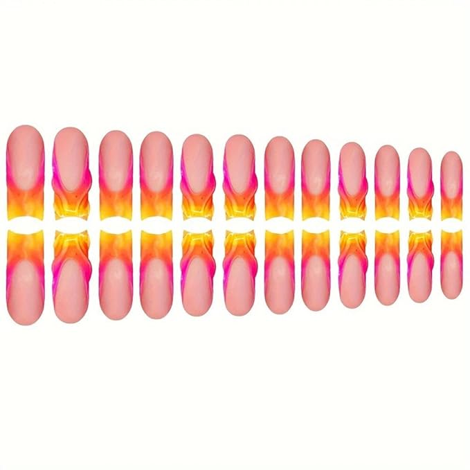 48Pcs Gradient Orange Pink French Tips Press on Toenails Water Ripple Press on Nails Long Square False Nails with Ombre Design White Flower Fake Toes Glossy Skin Tones Nails for Women DIY Manicure