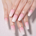 White Light Pink Ombre Press on Nails Coffin Acrylic Fake Nails Design, Natural Reusable Nails Kit for Women DIY False Nail Art Decoration Gift, Salon Quality Reusable 30 Pcs