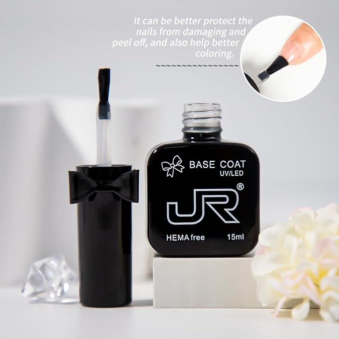 JR 2Pcs 15ML HEMA Free No Wipe Gel Top &Base Coat Set Long Lasting Formula Top Base Coat UV LED Nail Lamp Needed Quick Dry High Glossy Shiny No Chip for Nail Art Manicure