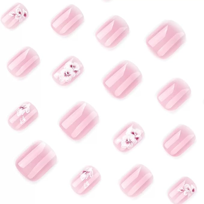 Short Square Press on Nails - Ombre Pink Fake Nails with Flower Design - Spring False Nails Press ons - for Women Manicure 24 Pcs