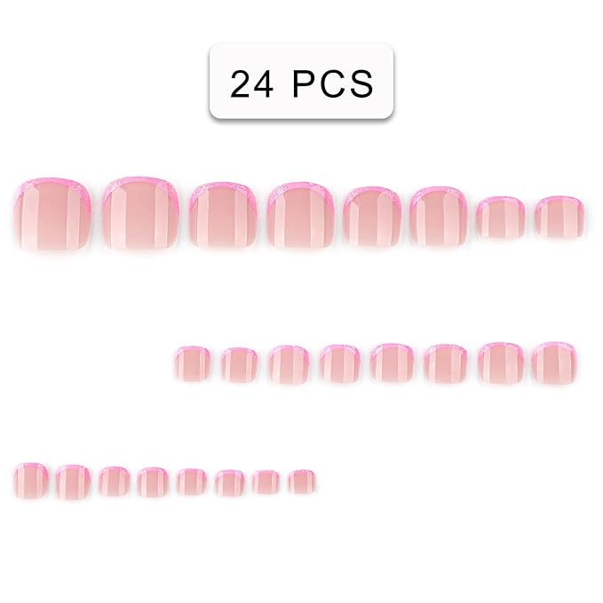 French Pink Press on Toe nails Short Square French Fake Toe Nails Tips Glitter Pink False Toenails Glossy Summer Acrylic Toe Nails Decorations for Women Girls 24Pcs