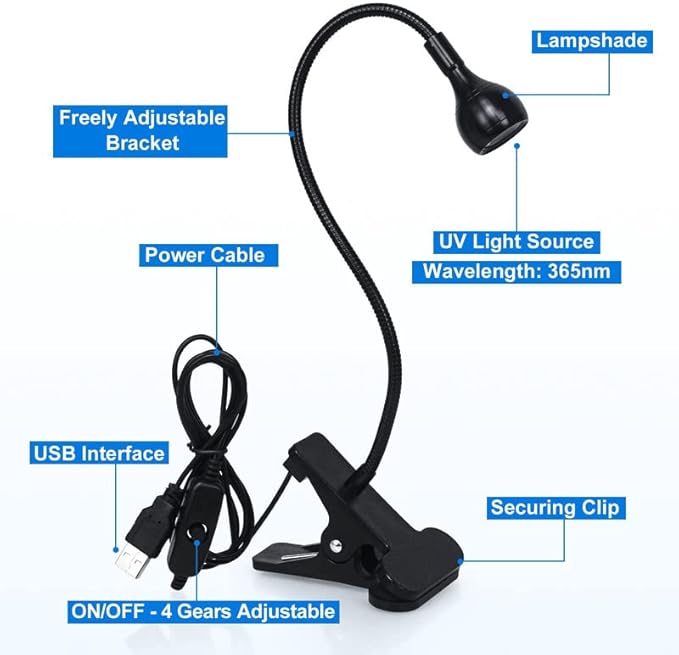 UV Light for Gel Nails 3W UV Nail Lamp, with Gooseneck, 4 Levels Dimming, 365+395nm Wavelength, Portable Clamp with USB Charge, for Decoration DIY at Home Salon Manicure