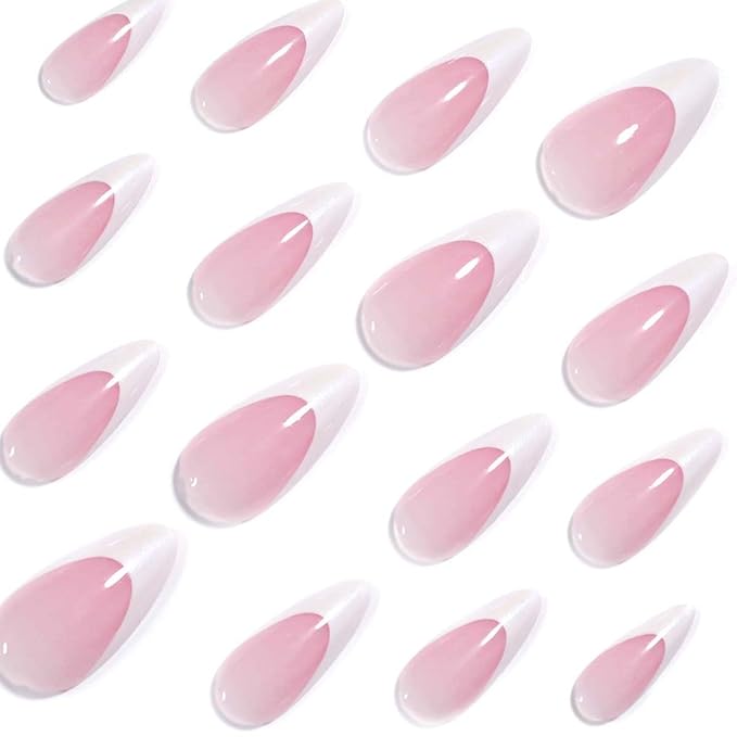 French Tip Press on Nails Medium Almond Fake Nails Press ons with Subtle Aurora Designs White Deep French Tip Reusable Acrylic Nails Full Cover Artificial Stick on Nails for Women Manicure 24Pcs