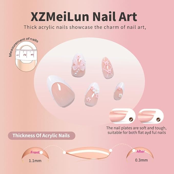 Pink White French Bow Press on Nails, White Pearl Fake Nails, Almond Short Acrylic Press-Ons with Charming 3D Plaid Floral Design, Reusable Glue-On Stickers for Fall Flower Nails for Women