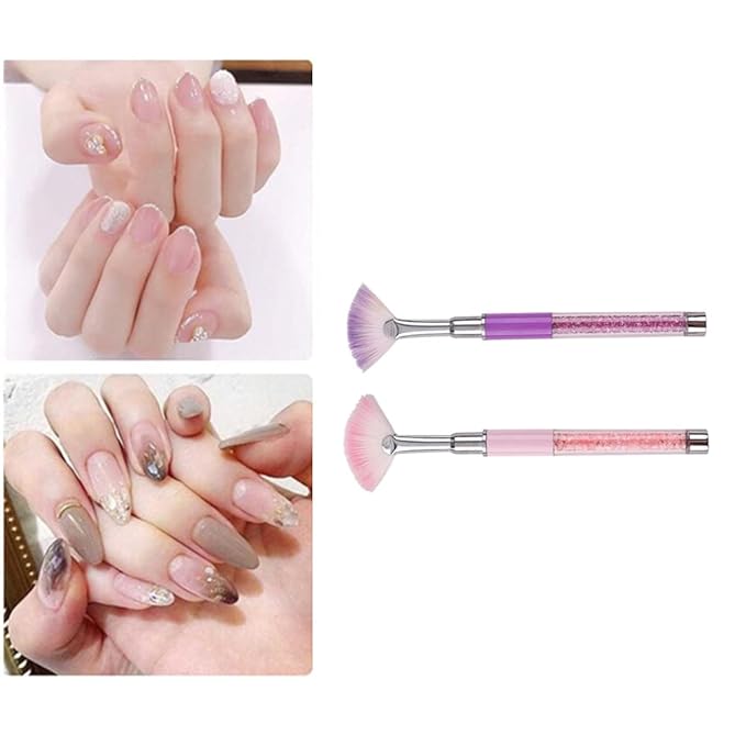 Purple Pink Fan Shape Nail Brush with Rhinestone Handle, Glitter Art Drawing Fan Pen Liner Brush Dust Powder Remover Nail Brush (2 Pack)