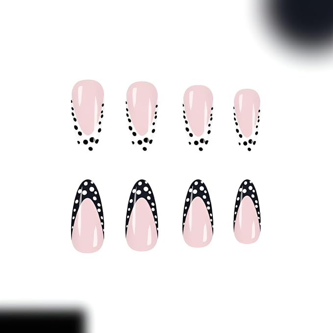 Polka Dot French Tip Press on Nails Medium Almond Fake Nails Nude Nails Press Ons Polka Dot False Nails Black White Glue on Nail Glossy Full Cover Stick on Nail for Women Decoration 24Pcs