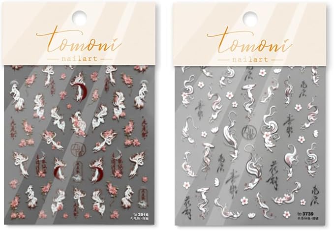 2Sheets Nail Art Sticker Ink Painting Foxs Nail Decals Black White Archaic Style Nine-Tailed Fox Art Manicure for Women Girls (Fox)