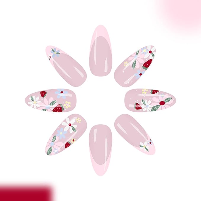 Flowers Press on Nails Medium Almond Fake Nails with Multicolor Floral Strawberry Designs Pink French Tip False Nail Glossy Full Cover Spring Summer Stick on Nail for Women 24Pcs