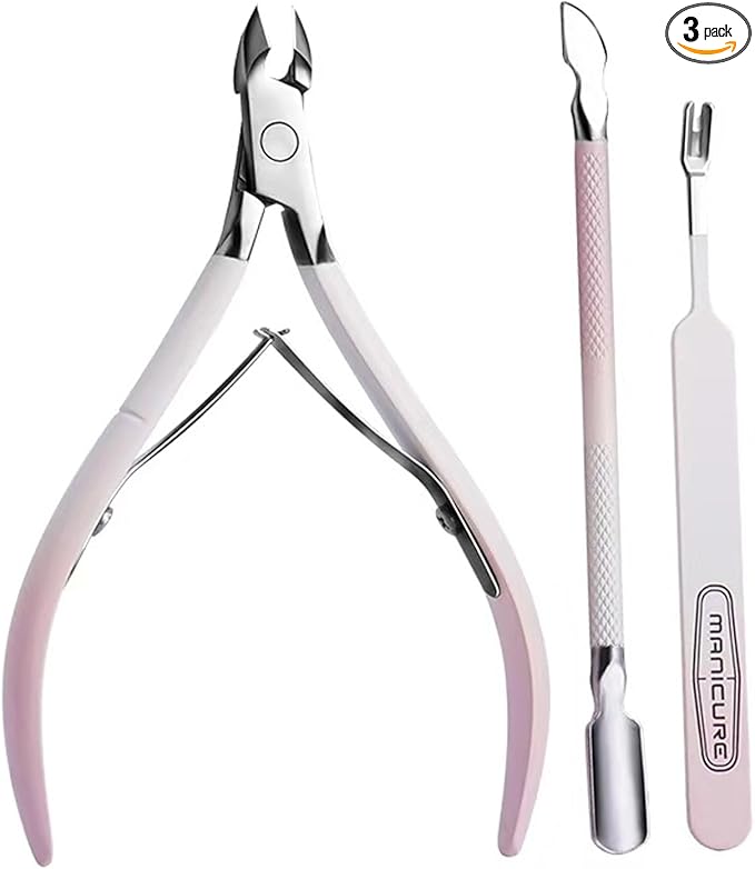 Kylara Cuticle Trimmer Set 3 in 1 - Cuticle Nipper,Pusher & Cutter,Professional Stainless Steel Manicure Pedicure Tools for Women,Gradient Pink Nail Care Kit for Home Salon & Nail Artists