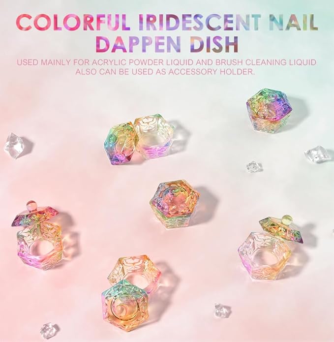 Nail Dappen Dish for Acrylic Powder Liquid Glass Crystal Dappen Dish Nail Art Crystal Cup for Acrylic Powder Liquid Manicure Brush Cleaning Bowl Cup Jewlery Tray (1pc Iridescent Dish)