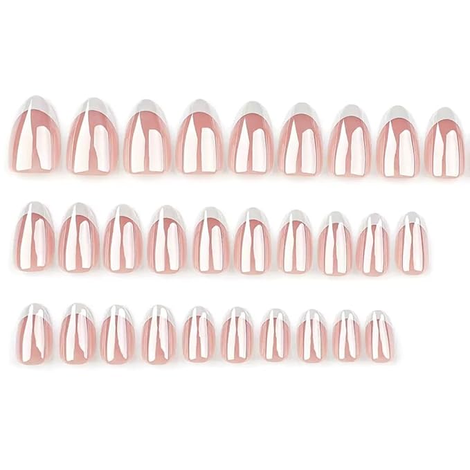 French Tip Press on Nails - Almond Fake Nails - with Designs Chrome False Nails Press ons - Medium Acrylic Glue on Nails Cute Artificial Stick on Nail for Women Manicure 24pcs