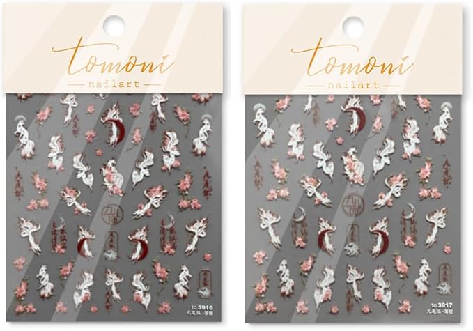 Embossed Nine-Tailed Fox Spirit Nail Art Stickers, Foxes and Blossom Design, White and Pink, Decorative Nail Decals (Nine-Tailed Fox)