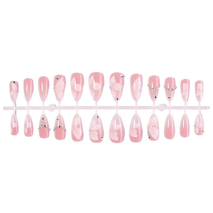 24Pcs Flower Press on Nails Medium Almond Fake Nails Nude False Nails White Flower Nails Press Ons with Pearl Design Glossy Stick on Nail Gradient Stick on Nail for Women Decorations Set