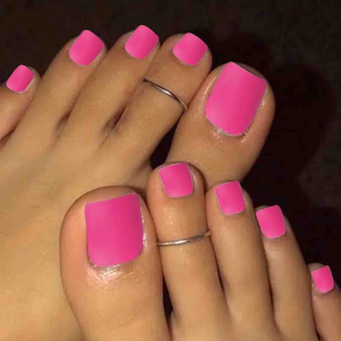 Hot Pink Press on Toenails Matte Short Fake Toe Nails Acrylic False Toesnail Square Cute Pressons Toenail Artificial Beach Full Cover Feet Nail for Women 24 Pcs (Hot Pink)