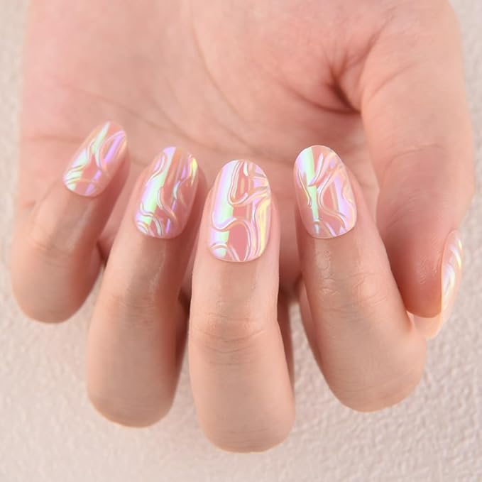 evpct Spring & Summer Glossy Press on Nails Short Oval, Aurora Glazed Fake Nails Press ons with 3D Pattern Design, Light Weight Perfectly Fit Nails for Women Gift, Fake Nail Kit with Kits Gel, 24Pcs