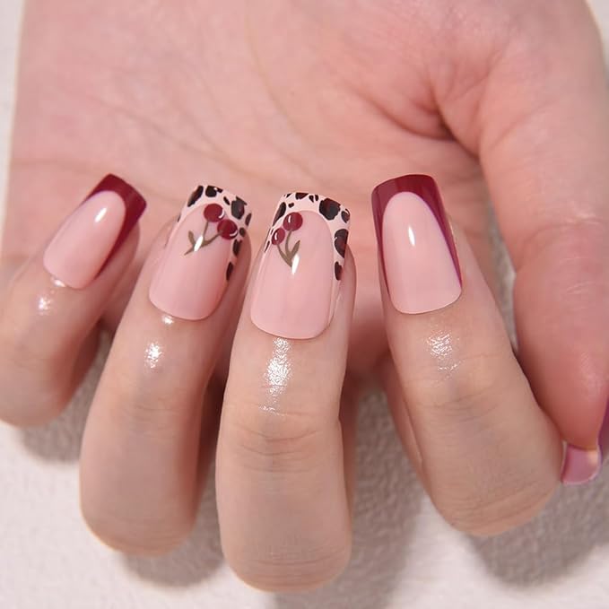 evpct Spring & Summer Press on Nails Medium Square, Cherry Fake Nails Press ons with 3D Pattern Design, Light Weight Perfectly Fit Fake Nails for Women Gift, Fake Nail Kit with Kits Gel, 24Pcs