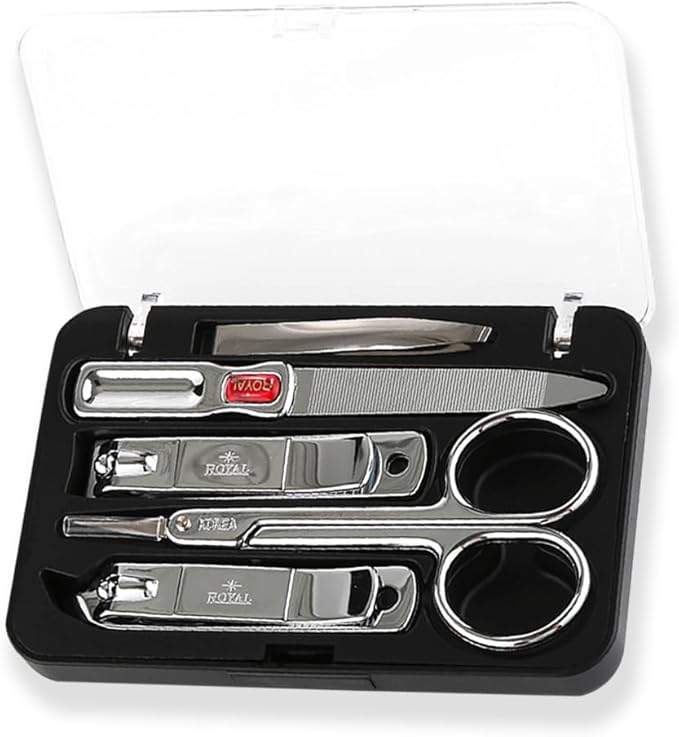 [Made in Korea] ROYAL 5 Pcs Compact Nail Clippers Set-Nail Clipper, Cuticle Remover, Nail File, Mini tweezer, Safety Scissors with Portable case Black