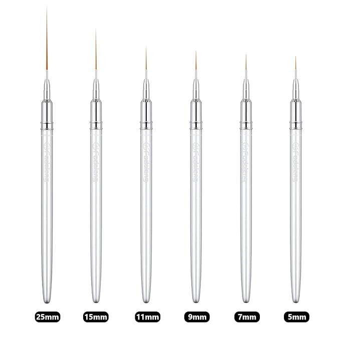 Liner Brush for Nails, 6Pcs Thin Nail Art Brushes Professional Nail Detail Brush for Gel Polish Sizes 5/7/9/11/15/25mm (Silver)