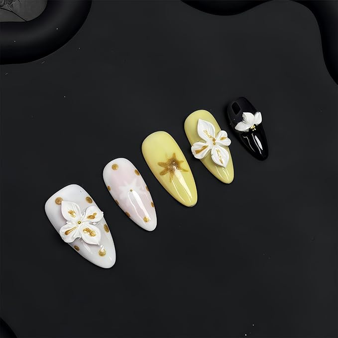 Handmade Almond Acrylic Press-On Nails, 10 Pieces (5 Sizes) with Glue, 3D Flower Art Designs, Gold Glitter Tips, Full Cover, Salon-Quality, Reusable, 24 Pack