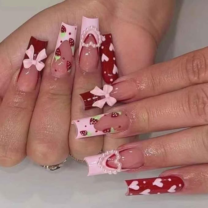Press on Nails Long Rhinestone Pink Fake Nails Square Bling Glossy Artificial Nails Finger Manicure for Women and Girls-24pcs (Long Nails 3)