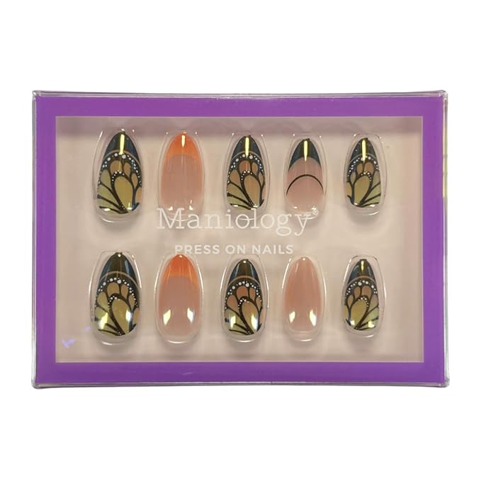 Maniology Press-On Nails Fairycore | Short Almond Shape Nail Tips – Whimsical Butterfly Wings & Fantasy-Themed Designs, Reusable, Durable & Easy Application, 30-Piece 15 Sizes False Nails Kit