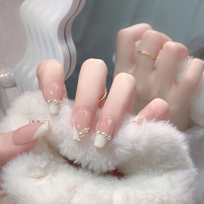 Press on Nails Medium Long French White False Nails with Pearl Inlay Bling Glossy Fake Nail Tips Artificial Manicure for Women and Girls – 24pcs with Glue Kit (French White)