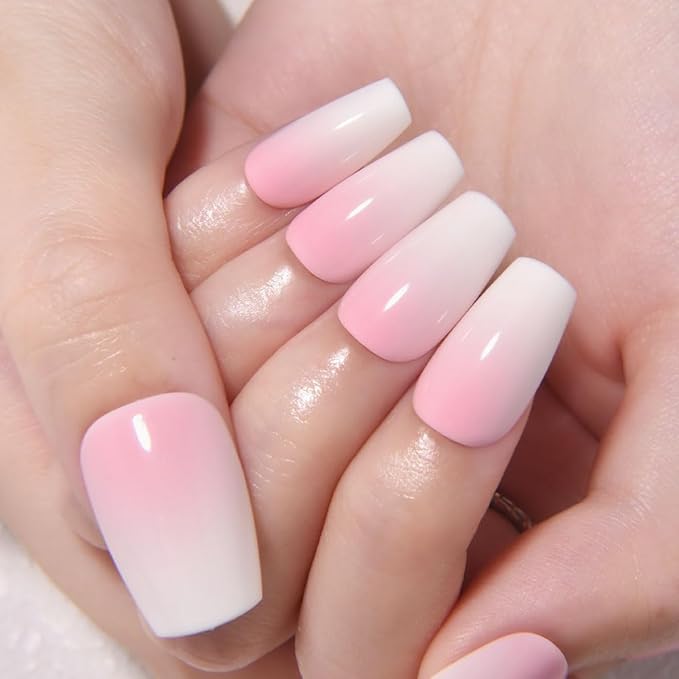White Light Pink Ombre Press on Nails Coffin Acrylic Fake Nails Design, Natural Reusable Nails Kit for Women DIY False Nail Art Decoration Gift, Salon Quality Reusable 30 Pcs