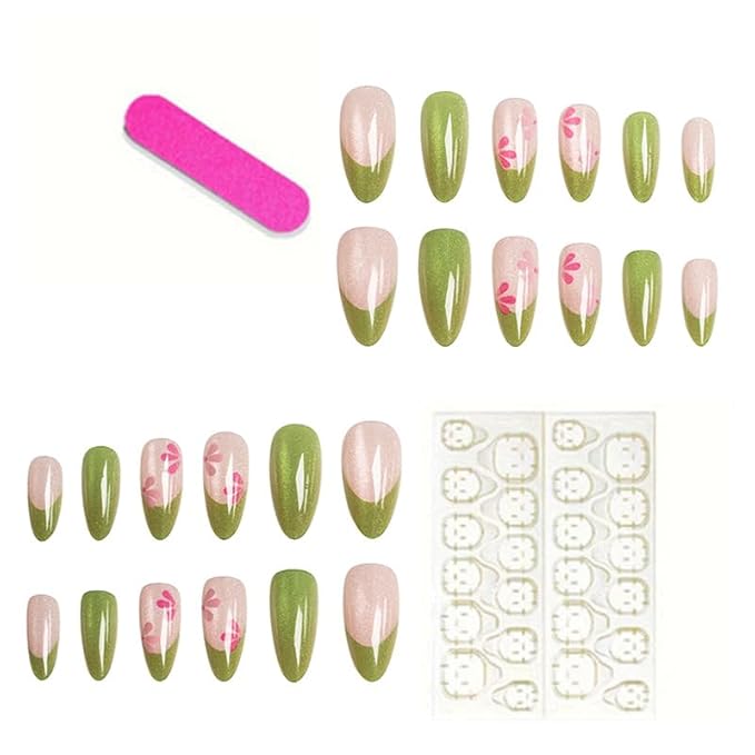 Green Cat Eye Press on Nails Medium Almond Fake Nails Spring Flowers False Nails French Tips Acrylic Nails Glossy Stick on Nail for Women Decoration 24Pcs