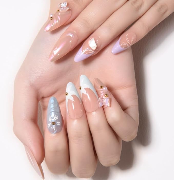 3D Press on Nails Medium Almond with Butterfly Floral Design, Nude Blue Neon French Nail Press ons Glossy Stick on Nails for Women Reusable with Kit, Stick on Cute Fake Nail with Designs Perfectly Fit
