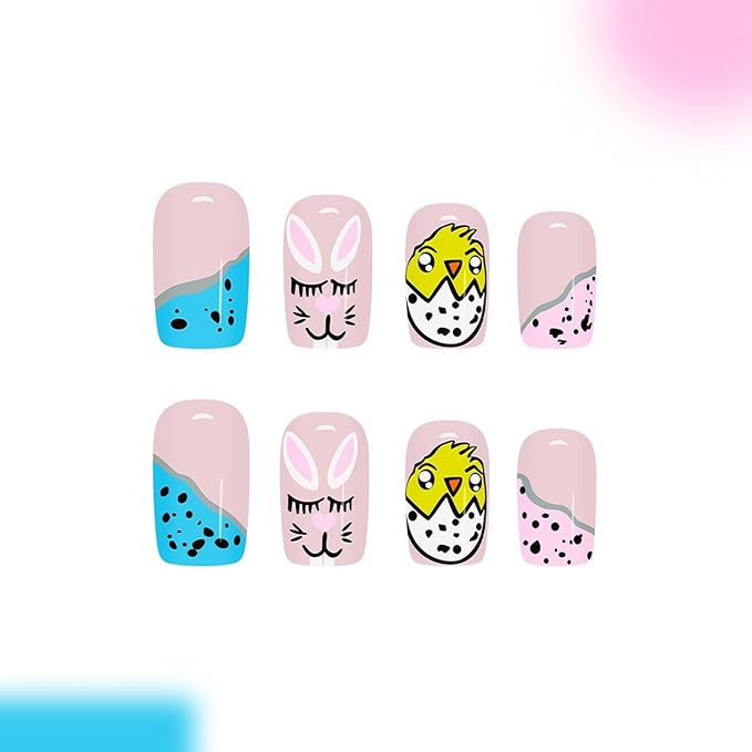 24 Pcs Easter Day Press on Nails Medium Square Fake Nails with Bunny Flower Design Pink French Tip False Nail Full Cover Easter Acrylic Nail Stick on Nails for Women DIY Manicure Decoration
