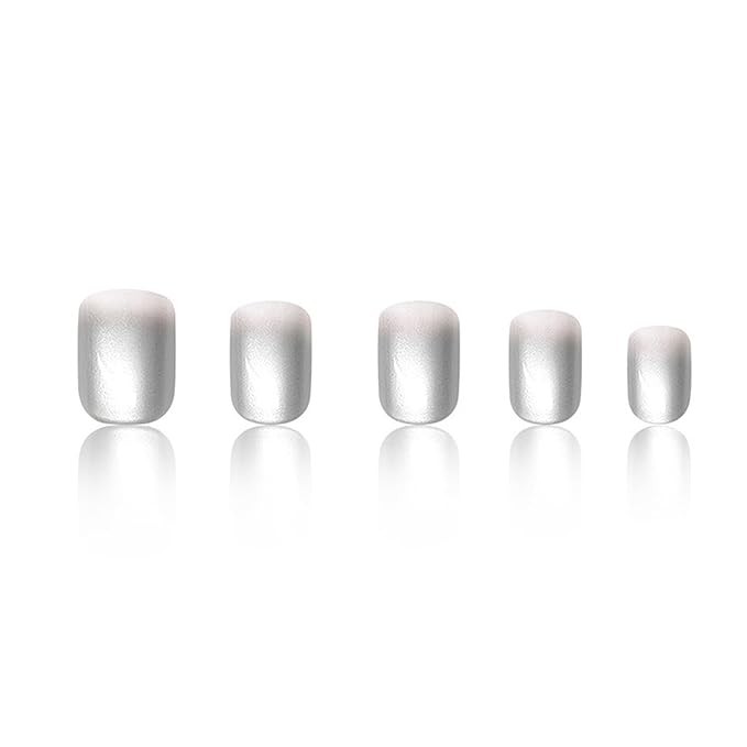 Chrome Press on Nails Short Square MABKJLF Fake Nails White Gradient False Nails with Designs Silver Mirror Full Cover Glossy Glue on Nails Acrylic Nails for Women Girls 24 Pcs