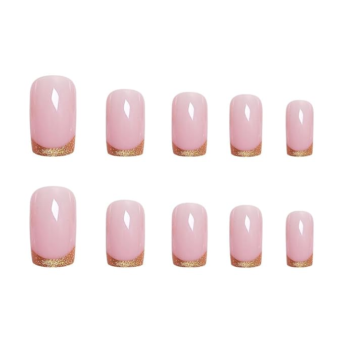 French Tip Press on Nails Medium Square Fake Nails Gold Glitter Nail Tip False Nails Glossy Chrome Acrylic Nail Nude Full Cover Glue Stick on Nail for Women Manicure 24Pcs