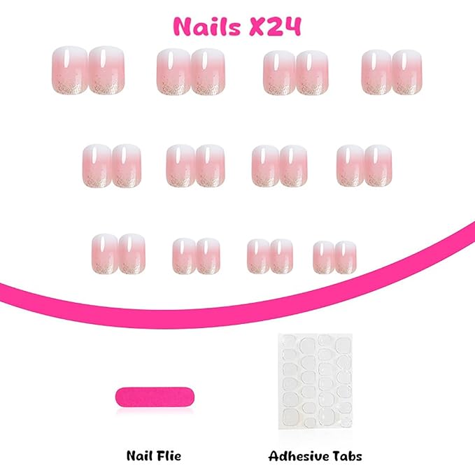 Ombre Press on Nails Short Square MABKJLF French Tip Fake Nails False Nails with Designs Gold Glitter White Pink Gradient Glossy Glue on Nails Acrylic Nails for Women Girls 24 Pcs