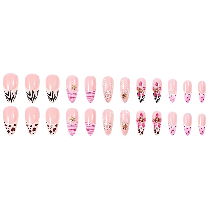 Long Almond Press on Nails Light Pink Fake Nails Floral Gold False Nail Stick on Nail for Women 24pcs