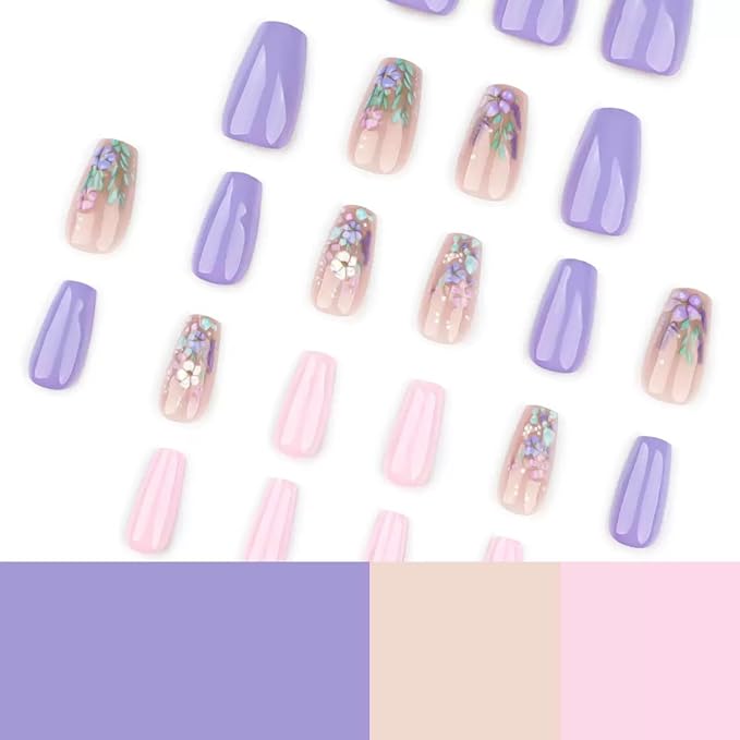 Press on Coffin Nails - Medium Fake Nails with Flower Design - Purple False Nails Press ons - for Women 24 Pcs