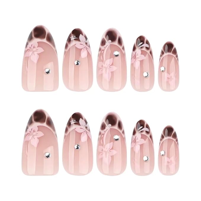 Short Press on Nails Almond - Brown French Fake Nails with Flower Crack Design - Fall False Nails Full Cover Stick on Press ons - for Women Manicure 24 Pcs