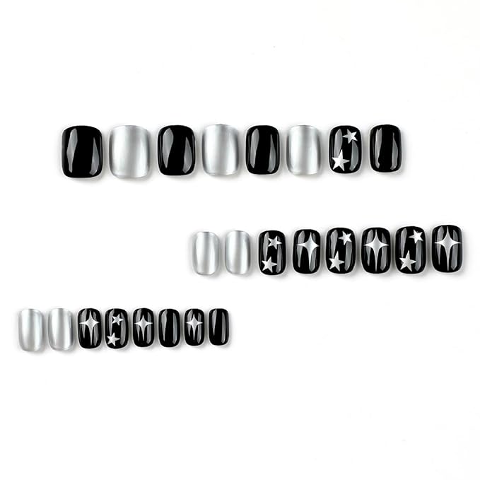 Star Press on Nails Short Square Fake Nails Black Silver False Nails Press ons with Designs Cute Acrylic Nails Full Cover Glue on Nails Artificial Stick on Nails for Women Manicure 24Pcs