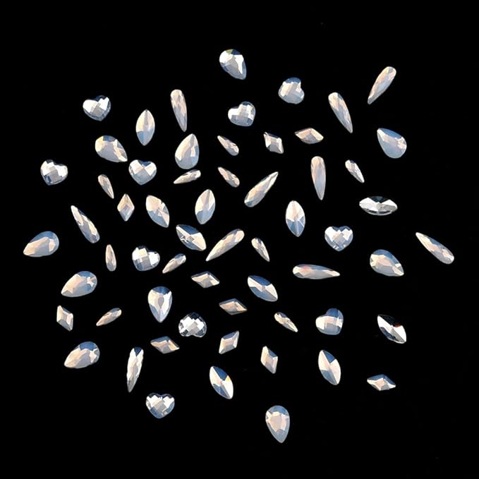 60pcs 6 Different Designs Flatback White Opal Nail Crystal Gems Shaped and 480pcs Round Diamond Rhinestones Assortment for Nail Decoration Charms