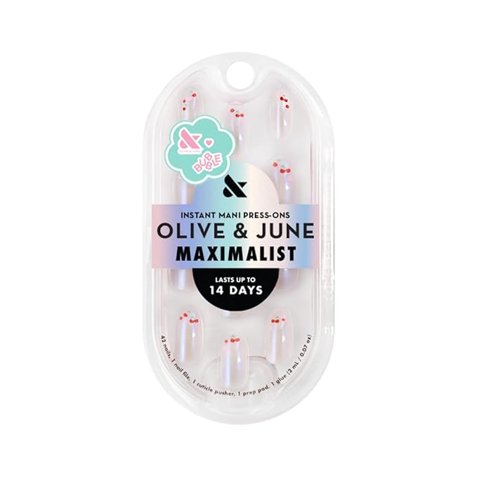 Olive & June Maximalist Instant Mani Press-On Nails (Glue) | 42 Fake Nails, 21 Sizes | Non-Toxic, Long-Lasting Big, Bold Gorgeous Realistic Look | Medium, Oval | Cherry Floral Chrome French