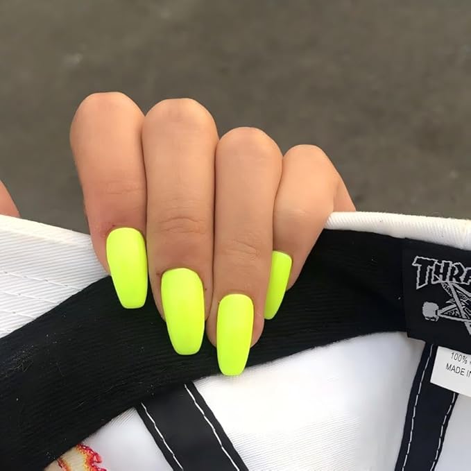 Neon Yellow Matte Press On Nails, Long Coffin Fake Nails 24pcs Easy Application Manicure Set for Work, Party & Daily Use, Perfect for Women and Students