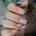Black French Tip Press on Nails Medium Coffin Fake Nails Silver Glitter Nails Press ons with Design Reusable Artificial Nail Full Cover Glue on Nail Stick on Nails for Women Manicure 24Pcs