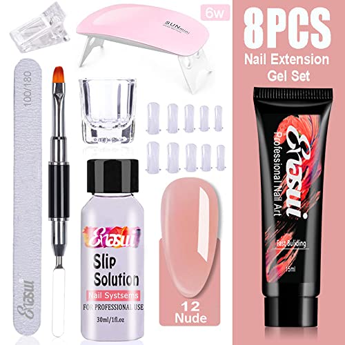 15ml Chameleon Poly UV Gel Temperature Color-Changing Black Nail Builder Gel Nail Enhancement Trial Kit LED Lamp Slip Solution Glitter Poly Builder Gel Nail 8PCS/Kit (Nude Pink)