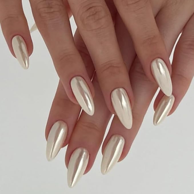 Gold Press on Nails Almond Fake Nails Press ons Gold False Nails Acrylic Glossy Full Cover Glue on Nails Cute Artificial Stick on Nails for Women Nails Decorations 24 Pcs