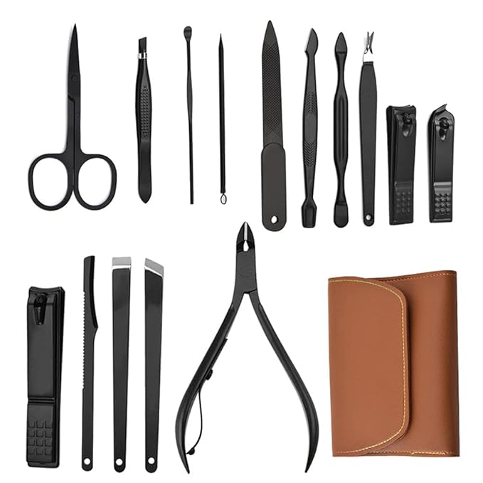16 Pieces Manicure Set, Pedicure Kit, Nail Clippers, Stainless Steel Professional Personal Care Tool Kit, Nail Tools with Brown Case, Gifts for Men