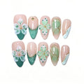10 Medium Almond Handmade Press On Nails | Coquette Aesthetic Green Ombre Fake Nails with 3D Floral, Gold Line Art & Star Accents | Easy Apply & Remove, Reusable Salon Quality Nails (5U09, S)