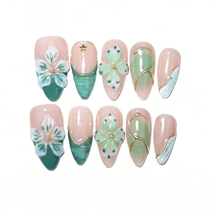 10 Medium Almond Handmade Press On Nails | Coquette Aesthetic Green Ombre Fake Nails with 3D Floral, Gold Line Art & Star Accents | Easy Apply & Remove, Reusable Salon Quality Nails (5U09, S)